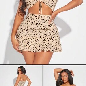 SHEIN Beige Mini dress with Black Heart Print & Ruffle Hem